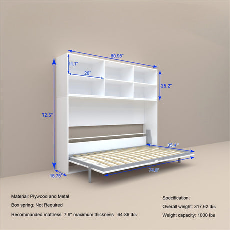 Mordern Design Twin Size Horizontal Murphy Bed With Shelf Storage For Bedroom Or Guestroom Wall Bed Space Saving Hidden Bed With New Style Gas Struts - White HouseOfZazla