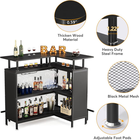 L Shaped Home Mini Bar Table With 2 Tier Shelves & Glass Racks - Black HouseOfZazla