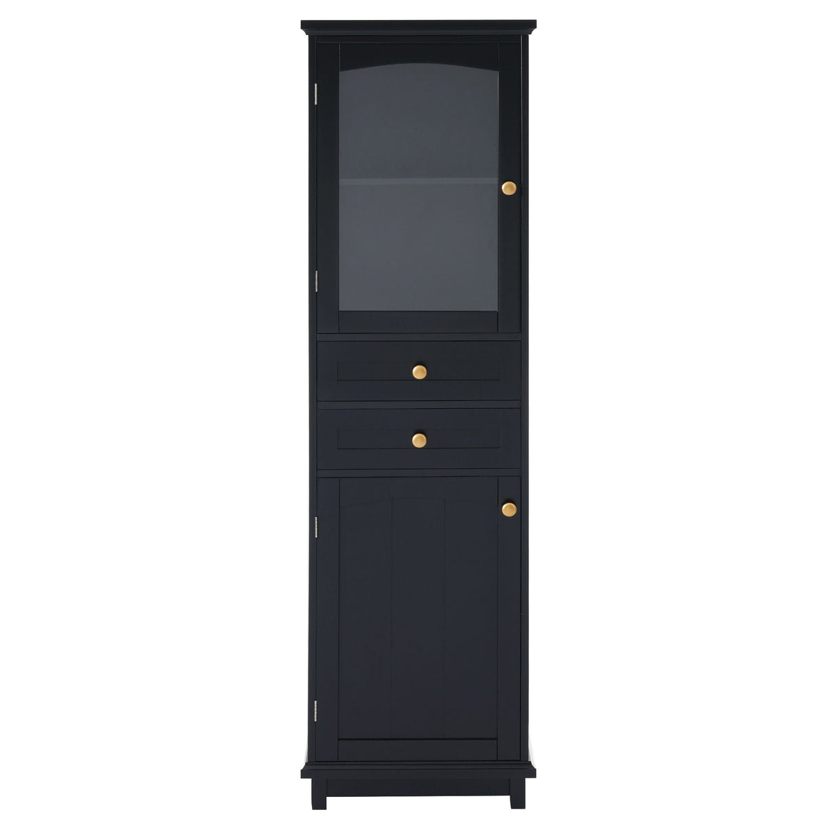 Tall Bathroom Storage Cabinet With Glass Doors, Free-Standing, Two Drawers, And Adjustable Shelves, Board, Painted Perfect For Displaying Your Favorite Items