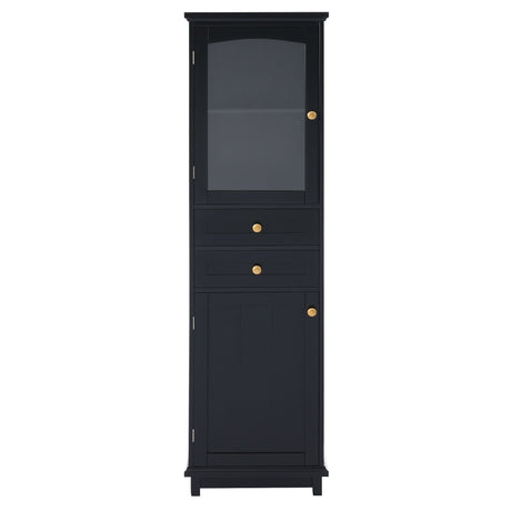 Tall Bathroom Storage Cabinet With Glass Doors, Free-Standing, Two Drawers, And Adjustable Shelves, Board, Painted Perfect For Displaying Your Favorite Items HouseOfZazla