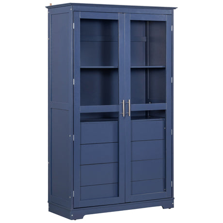 Kitchen Pantry, Freestanding Kitchen Storage Cabinet Display Cabinet With Glass Doors And 4 Built In Drawers For Living Room, Home Office - Blue HouseOfZazla