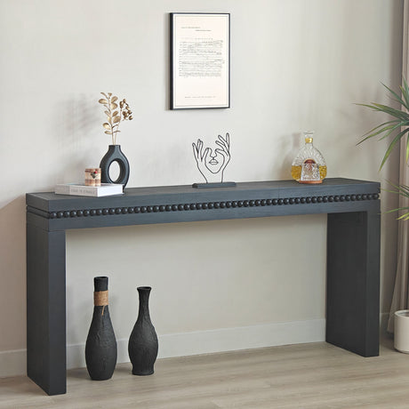 64in Modern Black Wood Console Table – Elegant Entryway Table with Decorative Beaded Trim HouseOfZazla