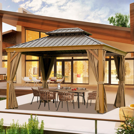 10' x 14' Hardtop Gazebo with Galvanized Steel Double Roof and Wood Grain Frame HouseOfZazla