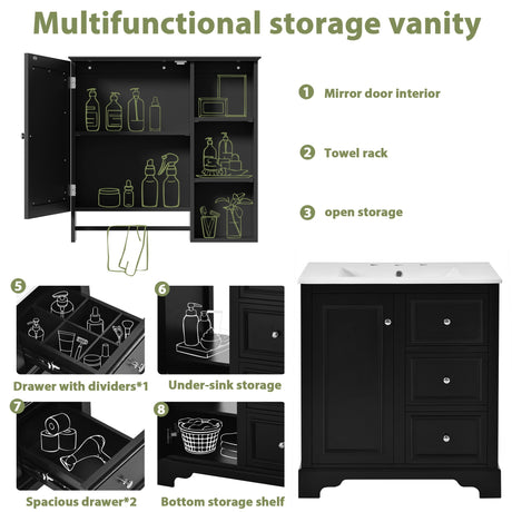 Bathroom Vanity With Sink, Modern Elegant Bathroom Storage Cabinet With 3 Drawers And Adjustable Shelves, Freestanding Vanity Set With Mirror Cabinet, Single Sink Bathroom Vanity HouseOfZazla