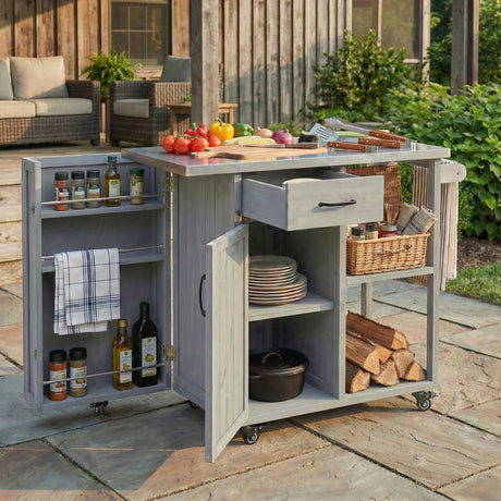 Outdoor Kitchen Island Fir Wood Prep Station with Stainless Steel Top HouseOfZazla