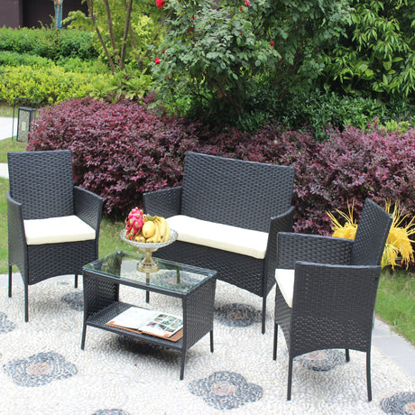 4 PC Rattan Patio Furniture Set Outdoor Cushioned Wicker Sofa HouseOfZazla