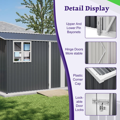 10X8FT Outdoor Steel Storage Shed with Clear Window, Lockable Doors HouseOfZazla