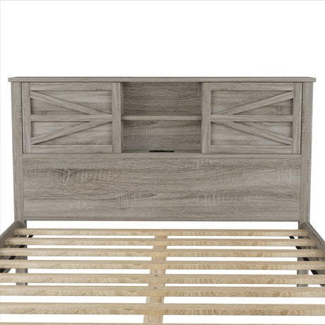 3-Pieces Bedroom Set Queen Size Farmhouse Platform Bed with Storage Headboard and Charging Station HouseOfZazla