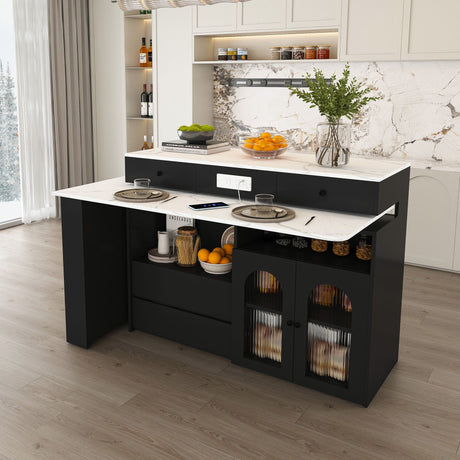 Kitchen Island With Extendable Rotating Table, 4 Drawers & Glass Door Cabinets, Built In Socket - Black HouseOfZazla