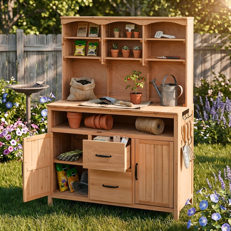 TOPMAX Large Fir Wood Potting Bench with Hutch, Cabinets & Drawers HouseOfZazla