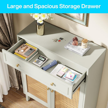 Shoe Cabinet With Rattan Doors And Drawer, 4 Tier Storage Organizer - Mint Green HouseOfZazla