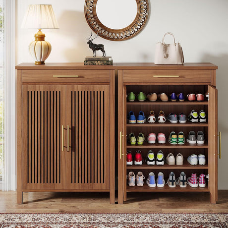 5 Tier Shoe Cabinet With Louvered Doors And Drawer, Freestanding Organizer With Adjustable Shelves For Entryway - Brown HouseOfZazla
