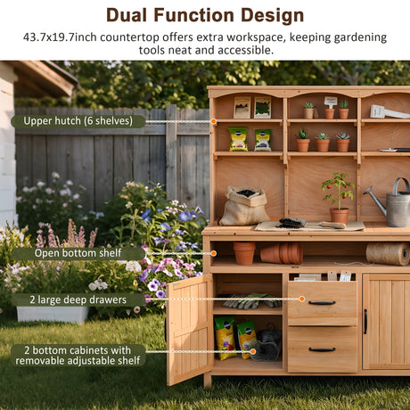 TOPMAX Large Fir Wood Potting Bench with Hutch, Cabinets & Drawers HouseOfZazla