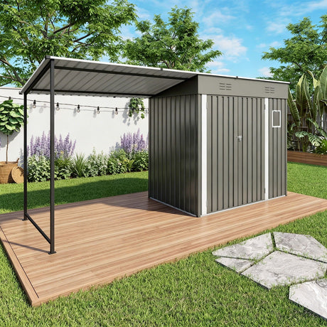Lean To Shed With Open Sided Pergola, Outdoor Storage Shed & Attached Hardtop Gazebo Combo - Gray HouseOfZazla