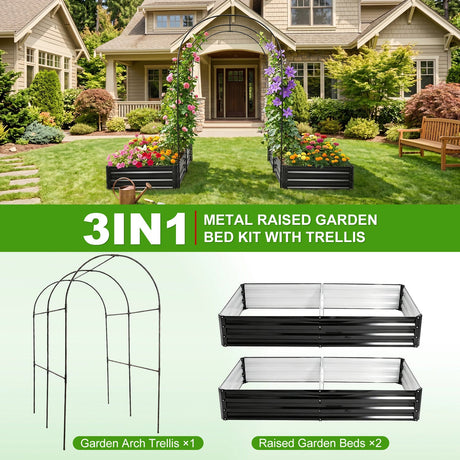 Raised Garden Bed with Arch Trellis, 2 Pack Metal Planter Boxes HouseOfZazla