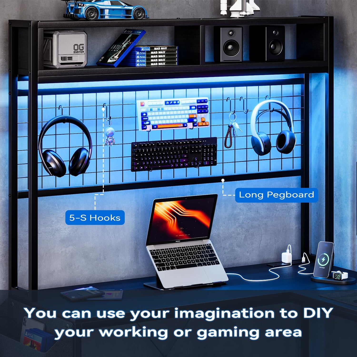 79" U Shaped Desk with Monitor Stand, U Shaped Gaming Desk with Storage Shelves, Large Reversible Desk Computer Desk with Power Outlets & LED Lights, Corner Office Desk with 4 Drawers, Black Doppeltcharms