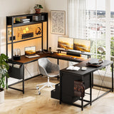 79" U Shaped Desk with Monitor Stand, U Shaped Gaming Desk with Storage Shelves, Large Reversible Desk Computer Desk with Power Outlets & LED Lights, Corner Office Desk with 4 Drawers, Black Doppeltcharms
