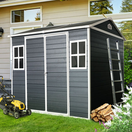 Resin Outdoor Storage Shed Waterproof Shed With Floor & Two Windows & Lockable Door, Tool Shed For Garden, Patio, Backyard HouseOfZazla