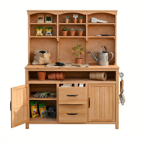 TOPMAX Large Fir Wood Potting Bench with Hutch, Cabinets & Drawers HouseOfZazla