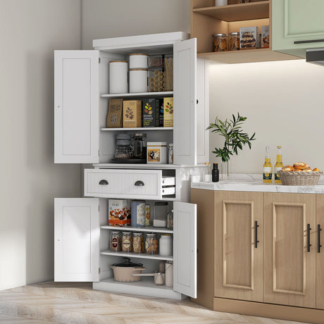Homcom - 72" Kitchen Pantry, Tall Storage Cabinet, Freestanding Cupboard With Drawer, Doors And Adjustable Shelves - White HouseOfZazla