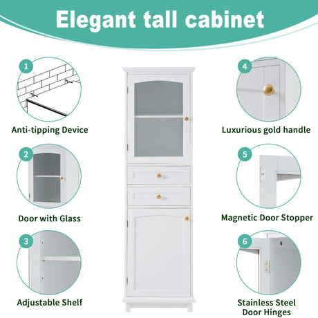 Tall Bathroom Storage Cabinet With Glass Doors, Free-Standing, Two Drawers, And Adjustable Shelves, Board, Painted Perfect For Displaying Your Favorite Items HouseOfZazla