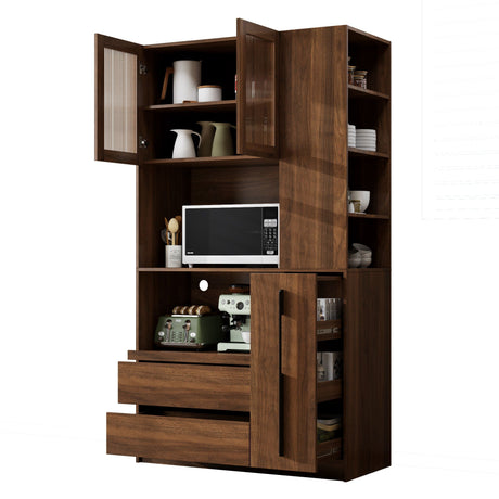 Tall Kitchen Pantry Cabinet With 4 Tier Side Shelf, 2 Drawers, Freestanding Food Hutch With Microwave Stand For Dining Room - Walnut HouseOfZazla
