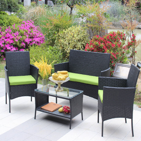 4 PC Rattan Patio Furniture Set Outdoor Cushioned Wicker Sofa Green Cushion HouseOfZazla