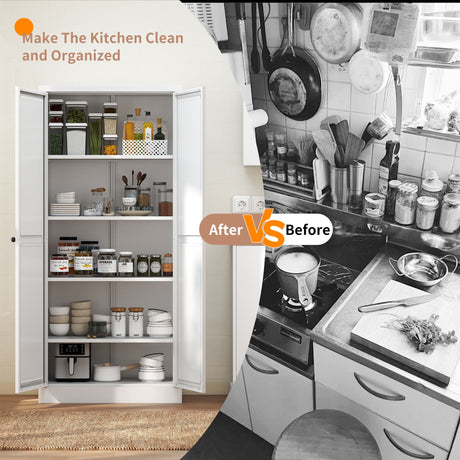 Metal Kitchen Pantry Cabinet With Adjustable Storage And 4 Heavy Duty Shelves - White HouseOfZazla