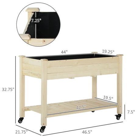 Outsunny - Raised Garden Bed, 47" x 22" x 33", Elevated Wooden Planter Box With Lockable Wheels, Storage Shelf, And Bed Liner For Backyard, Patio - Natural HouseOfZazla