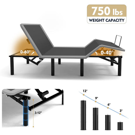 Adjustable Bed Frame With Massage Head & Foot Incline, Wireless Remote, USB Ports, LED Night Light HouseOfZazla