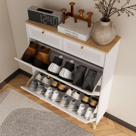 Modern Freestanding Shoe Cabinet With Flip Up Doors And Drawers, Compact Design For Entryway - White Natural HouseOfZazla