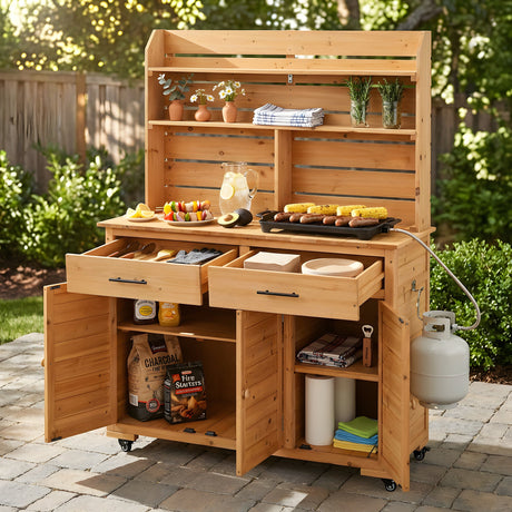 TOPMAX 65''H Large Garden Potting Bench with Lockable Wheels and Storage Cabinet HouseOfZazla