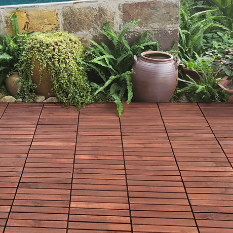 Interlocking Deck Tiles Striped Pattern, Square Acacia Hardwood Outdoor Flooring For Patio, Bancony, Pool Side HouseOfZazla