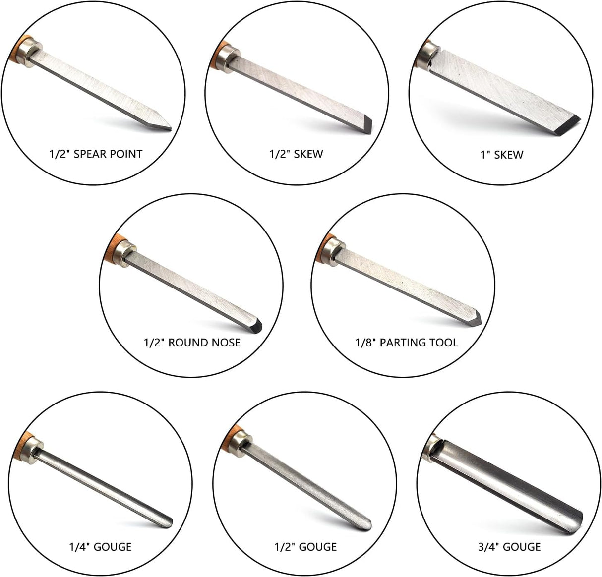(8-Piece) Professional Wood Turning Chisel Lathe Chisel Set with 3 Gouge Tools, 2 Skew, 1 Spear Point, 1 Parting and 1 Round Nose For Wood Job FlixGrdy