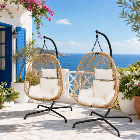 Set of 2 Egg Chairs with Stand - Patio Wicker Hanging Hammock Swing HouseOfZazla
