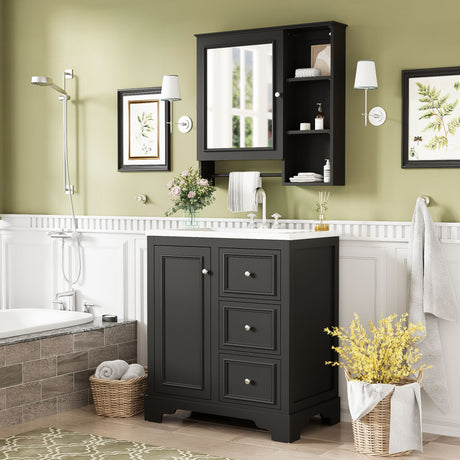 Bathroom Vanity With Sink, Modern Elegant Bathroom Storage Cabinet With 3 Drawers And Adjustable Shelves, Freestanding Vanity Set With Mirror Cabinet, Single Sink Bathroom Vanity HouseOfZazla