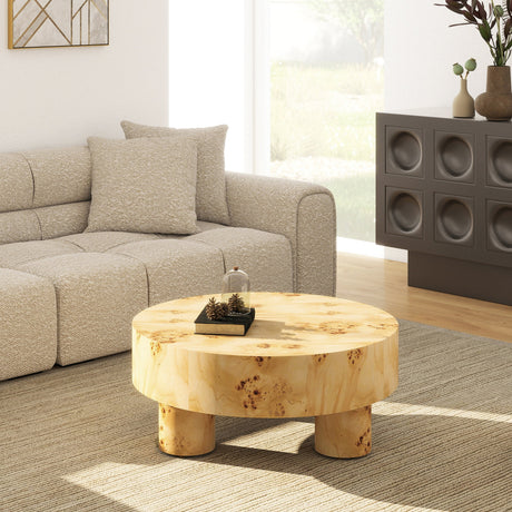 Nebula 35.5' Round Pillar Leg Coffee Table Warm Natural Brown Burl Wood HouseOfZazla