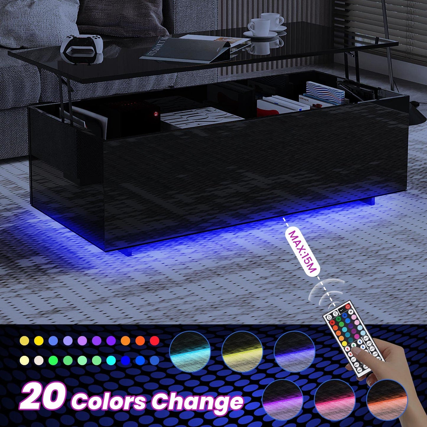 Led Coffee Tables for Living Room - High Gloss Table with Led Lights, 20 Colors Controlled by Remote or App, 47'' Lift Top Coffee Table with Storage Hidden Compartment, Black - WoodArtSupply