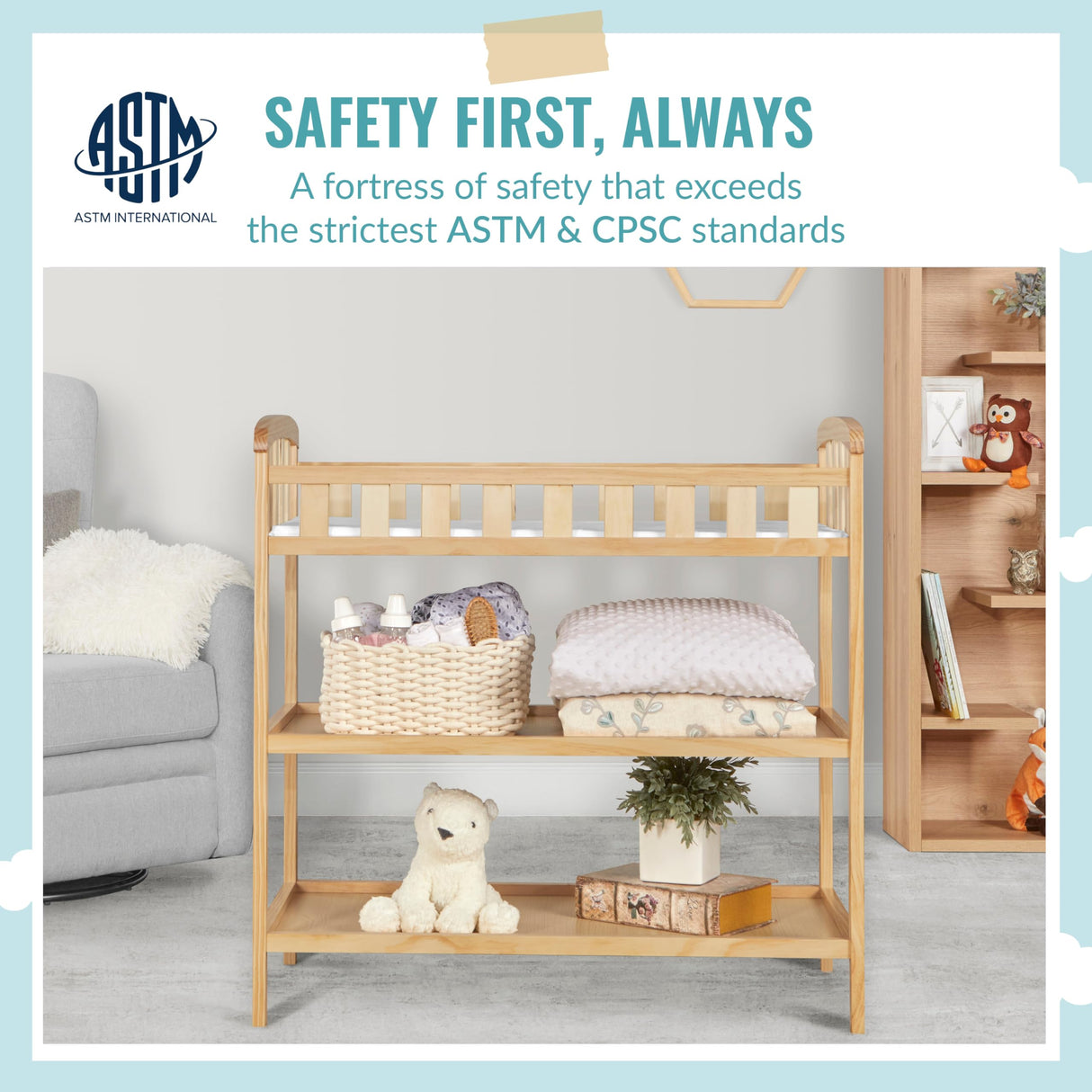 Dream On Me Emily Changing Table In Natural, Comes With 1" Changing Pad, Features Two Shelves, Portable Changing Station, Made Of Sustainable New Zealand Pinewood Dream On Me