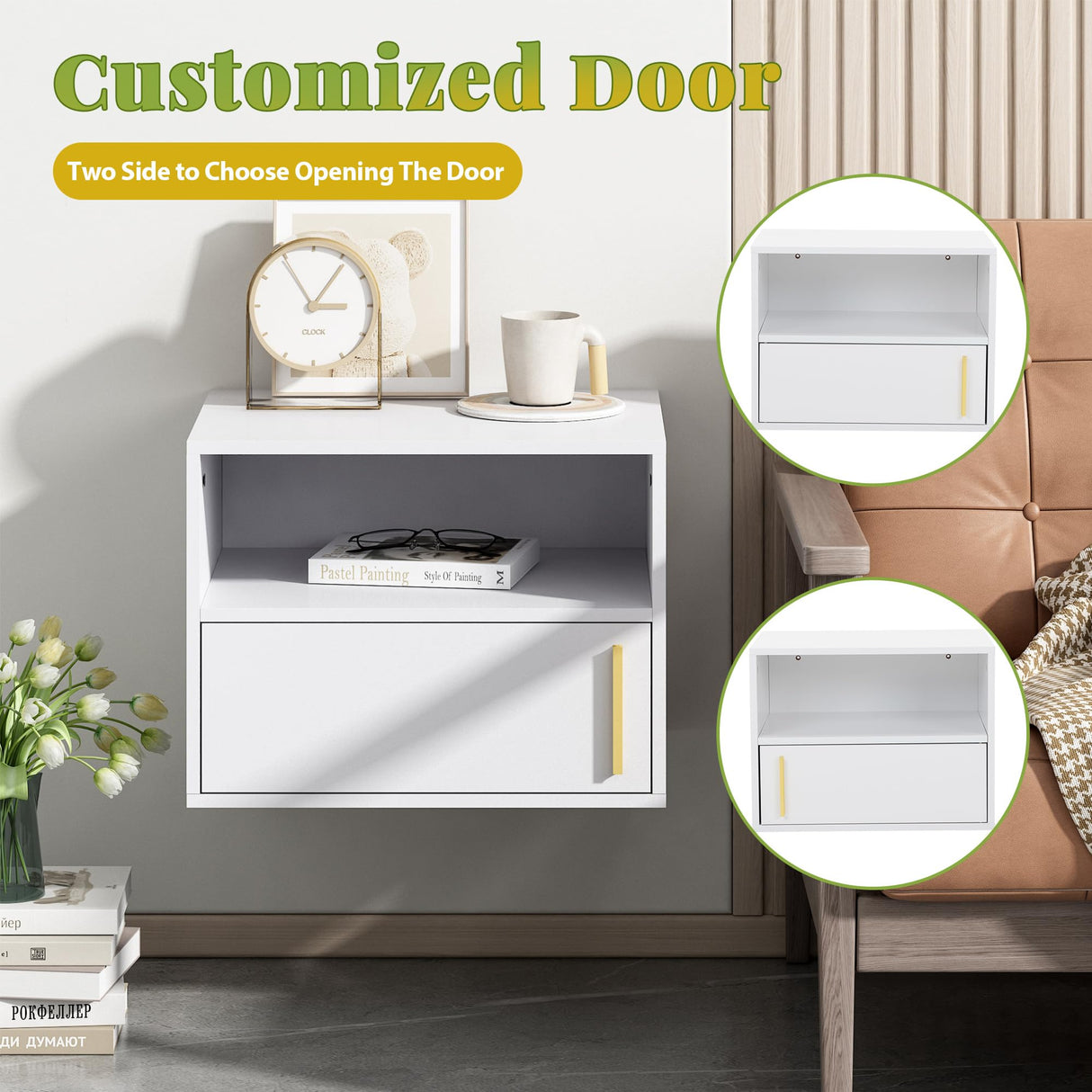 JAXPETY Wall Floating Nightstand Set of 2 Modern Side Table Wall Mounted Shelf with Cabinet Storage for Living Room, Bedroom, Dorm, White JAXPETY