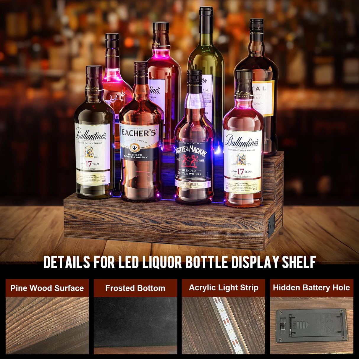 TIRYIUOU LED Lighted Bottle Display Shelf, 2 Pack Bar Shelf, Tabletop Wine Rack, Coffee Syrup Organizer, Home Bar Stand for Liquor Bottles, Mini Bar TIRYIUOU