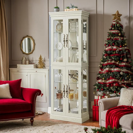 TRJQBCC 71" H Curio Cabinet Lighted Glass Display Case, Vintage Wooden Wine Storage Cabinet with Adjustable Glass Shelves & 4 Doors, 6 Shelves Curio Display Case for Living Room (Antique White) TRJQBCC