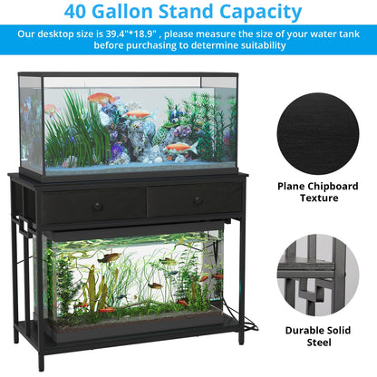 VOWNER 40 Gallon Aquarium Stand with Power Outlet, Metal Frame Fish Tank Stand with Cabinet Storage, Double Turtle Reptile Terrariums Tank Stand, 39.4" L*18.9" W Tabletop, 660LBS Capacity, Bl - WoodArtSupply