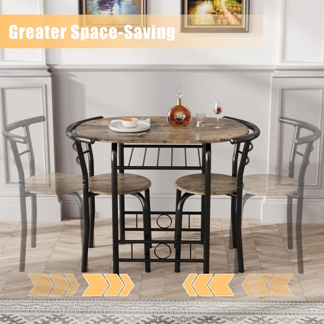 JUMMICO 3-Piece Wooden Round Table & Chair Set, Space Saving Kitchen Breakfast Nook Wood Grain Tabletop with Metal Frame and Built-in Wine Rack for Kitchen, Dining Room (Walnut/Black) JUMMICO