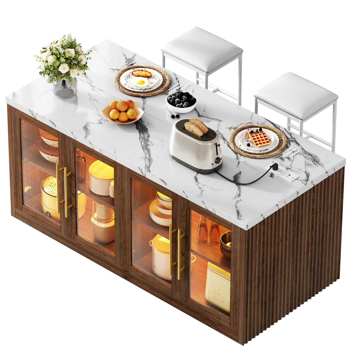 Homiflex Kitchen Island with Storage, 57" W Large Island Table with Seating/LED Light for Dining Room, Kitchen Carts on Wheels Breakfast Bar Table w/Power Outlet, Walnut Homiflex