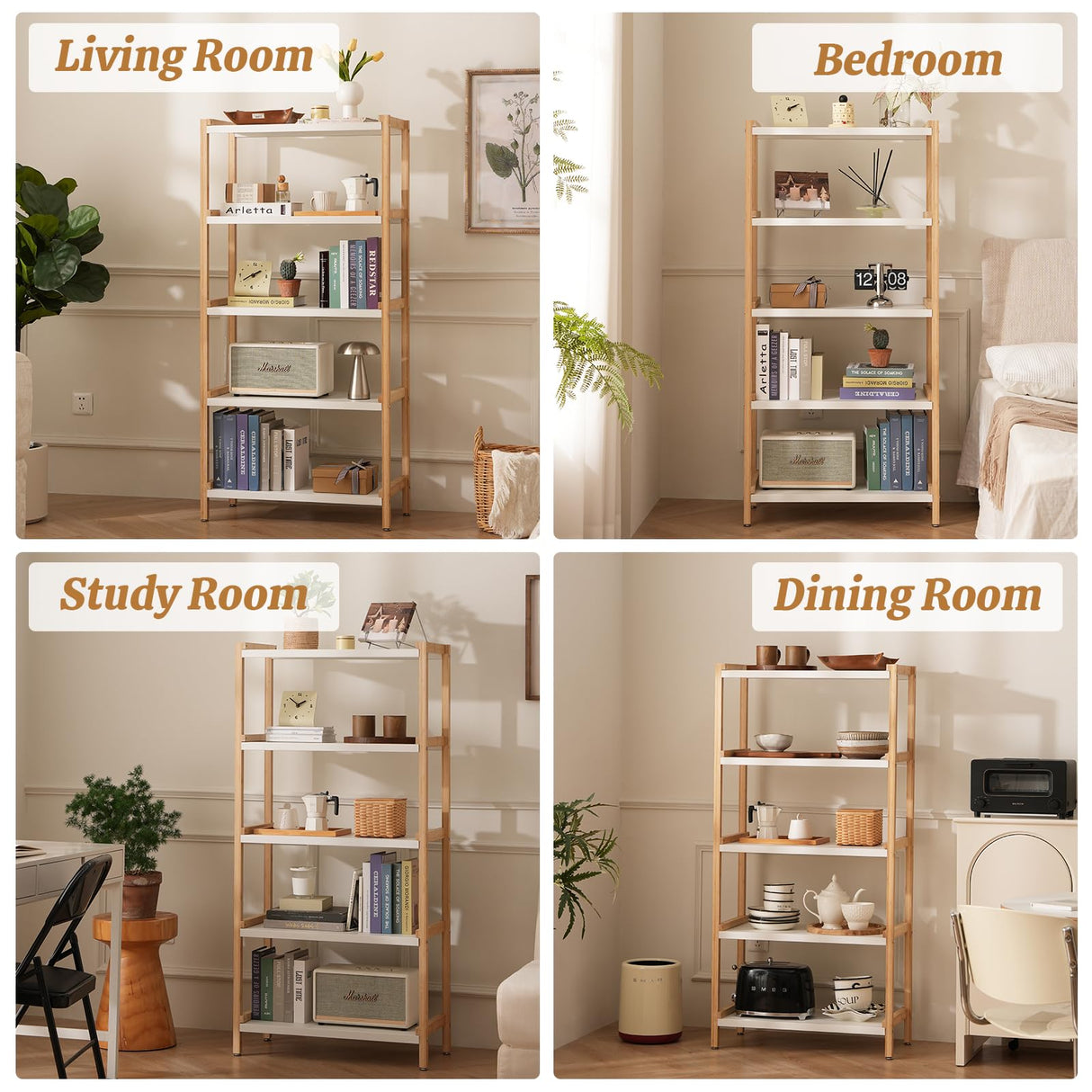 Baveke 5-Tier Bamboo Shelf Bookcase Modern Open Bookshelf Free Standing Storage Rack Display Shelf Display Bamboo Bookshelf Standing Shelf Open Shelving Unit Baveke