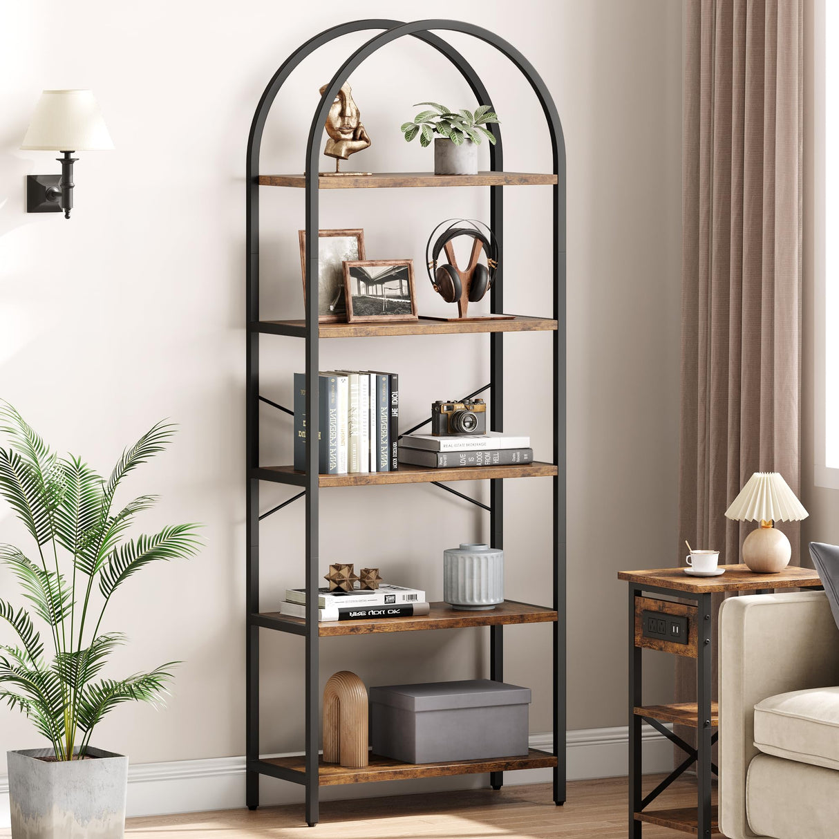 IDEALHOUSE Bookshelf Arched Bookcase 5 Tier Display Racks Tall Standing Bookshelves Modern Storage Rack Shelf Wood Book Shelf for Bedroom, Living Room, Home Office IDEALHOUSE