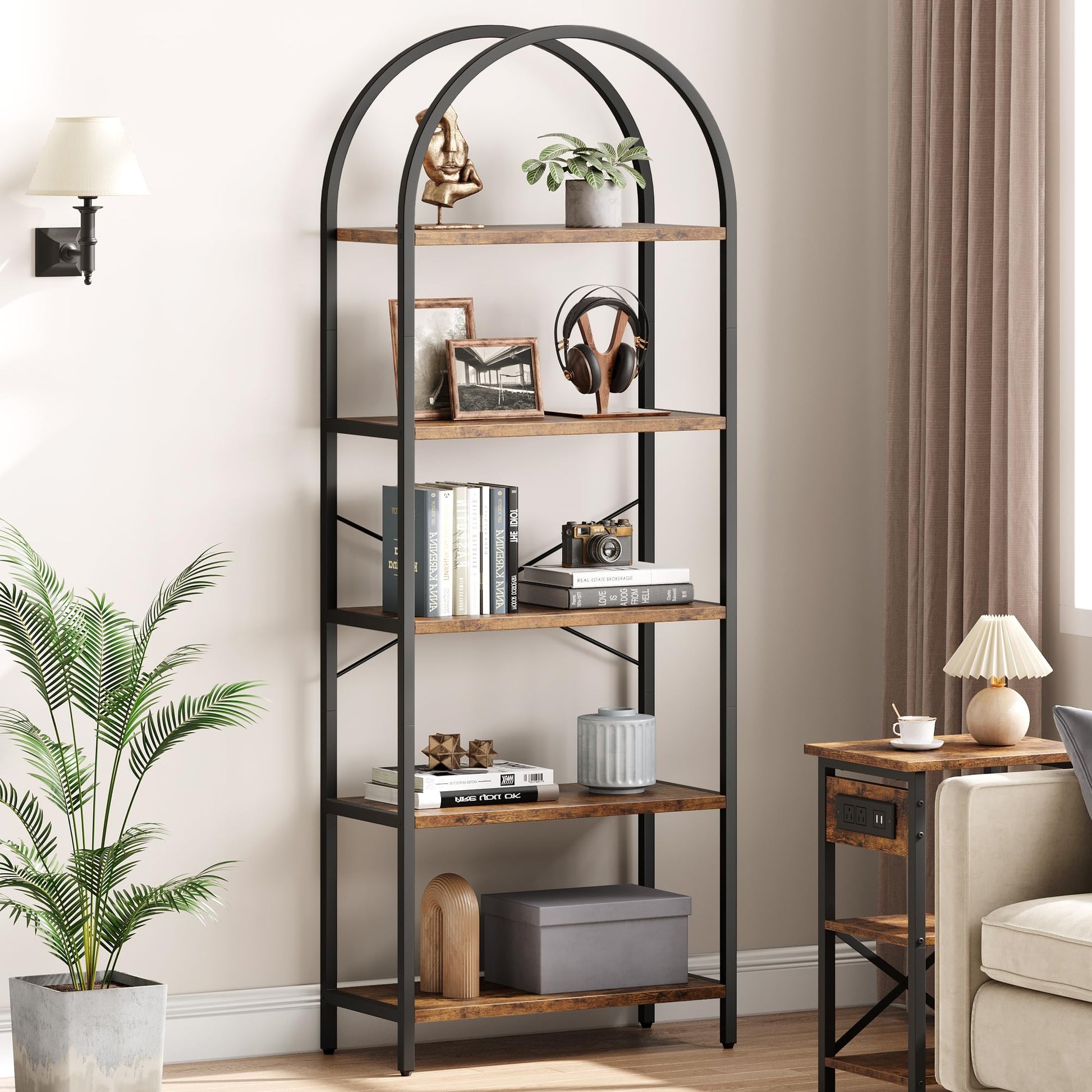 IDEALHOUSE Bookshelf 5 Tier Bookcase Arched Display Racks Tall Standing Bookshelves Metal Frame Rustic Storage Rack Shelf Brown Book Shelf for Bedroom, Living Room, Home Office, Rustic Brown - WoodArtSupply