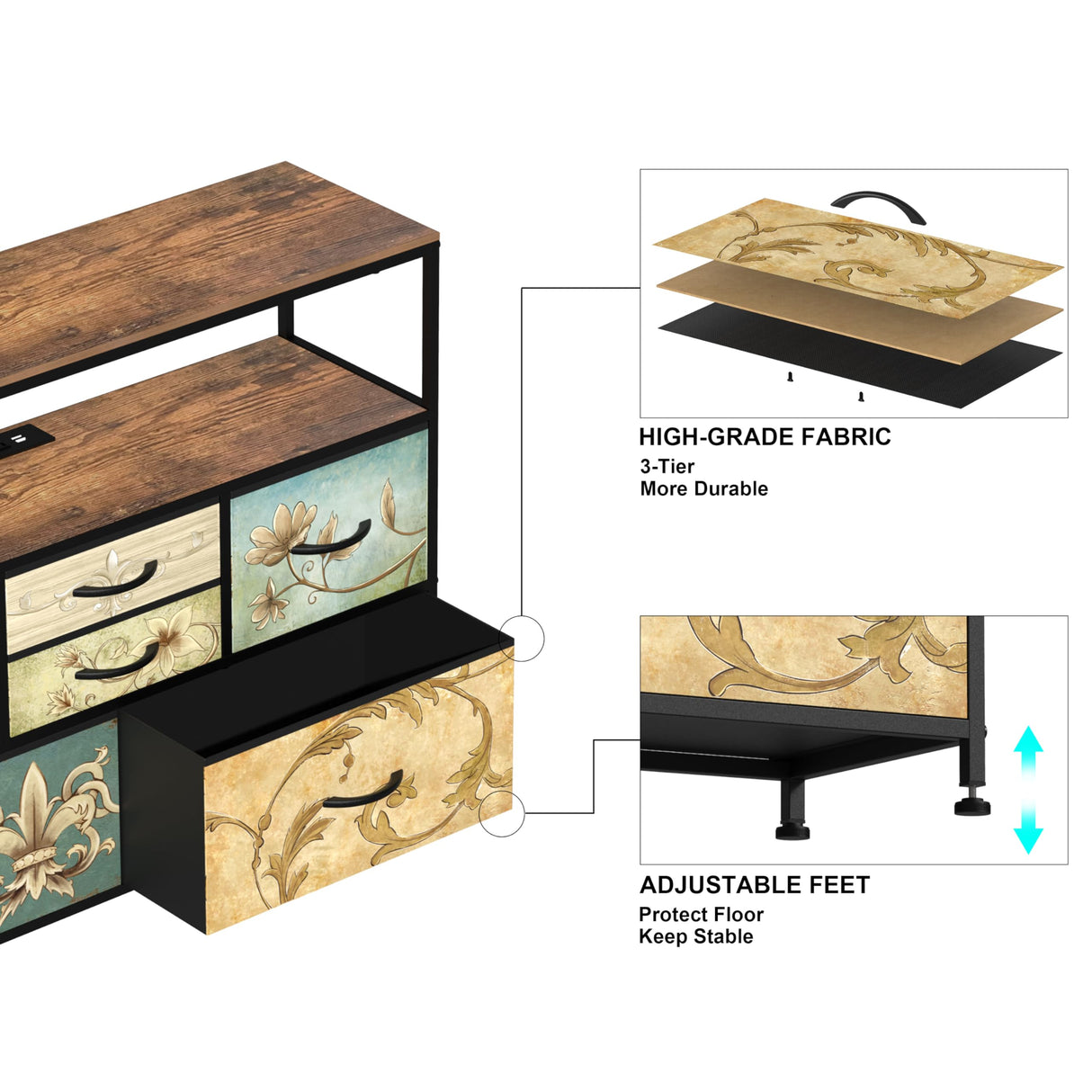 Tohomeor TV Stand with Power Oulet Dresser with Charging Station & LED Light Dresser with 6 Fabric Drawers for Living Room Storage Chest of Drawers Retro Dresser with Open Shelf Wooden Top Tohomeor