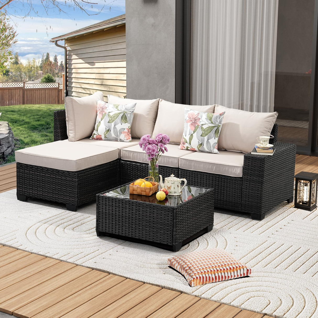 JOYURE 5 Pieces Patio Furniture Set All-Weather Outdoor Wicker Sectional Conversation Sofa Rattan Patio Seating Sofa with Cushion and Glass Table and Ottoman for Porch,Beige JOYURE